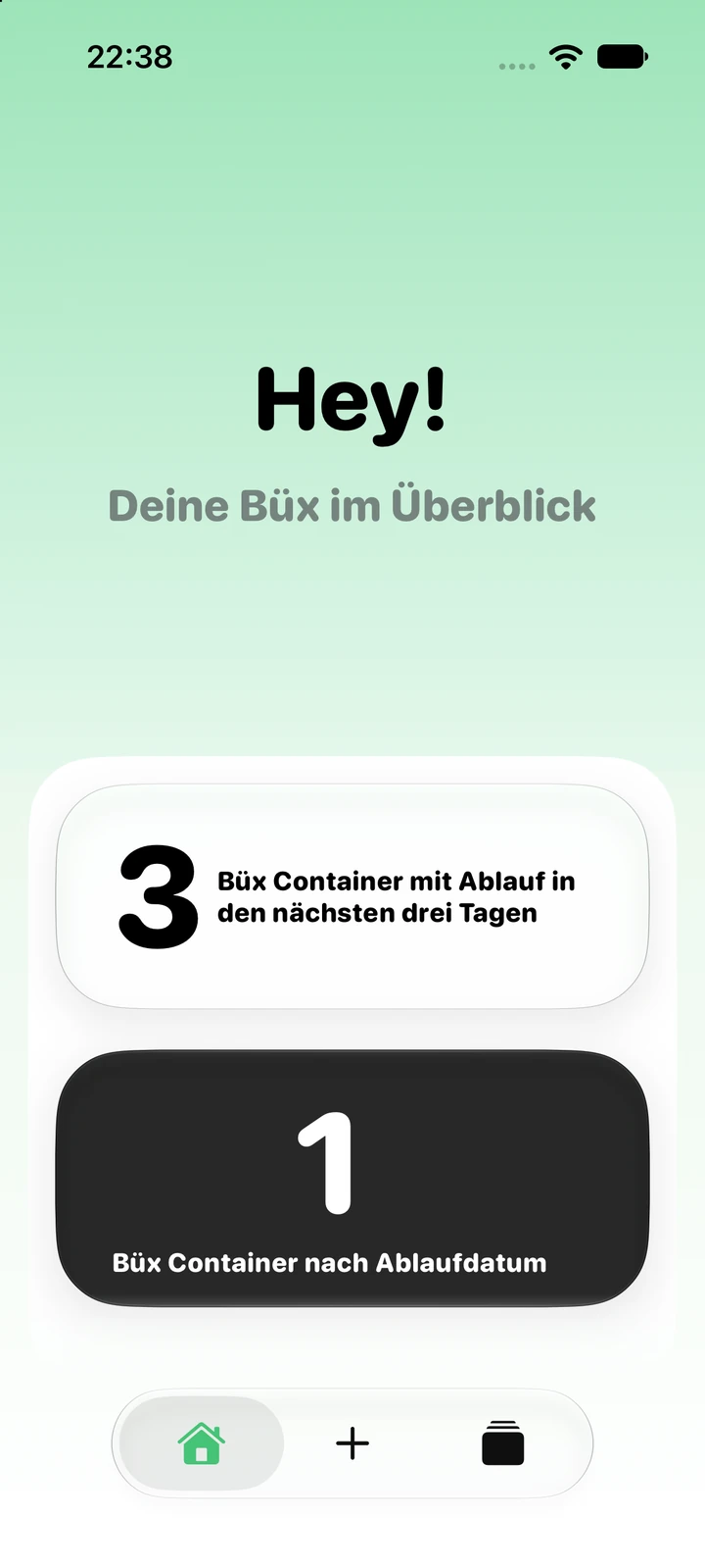 Büx-App: Behälter mit Ablauf in den nächsten drei Tagen und Behälter nach Ablaufdatum